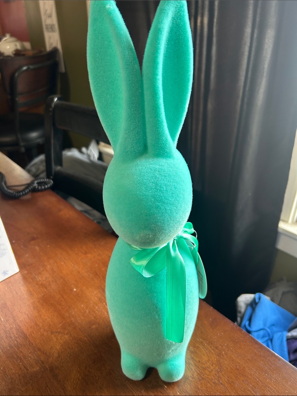 Decorative Teal Velvet Flocked Bunny Figurine with Ribbon NWT 16 In. Tall